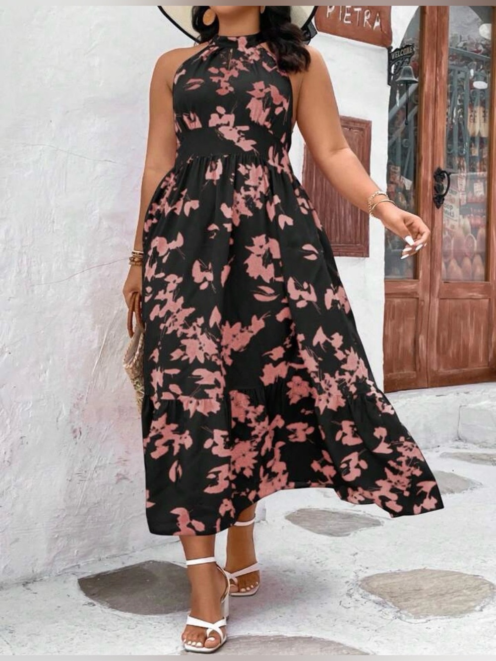 Shein Curve Black and Coral Floral Halter Dress